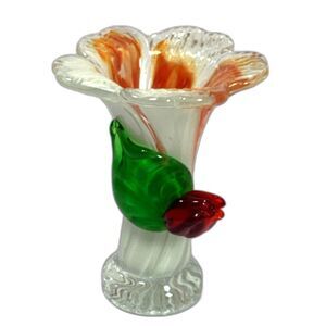 Vase Hand Blown Art Glass Rose Orange White Swirl Ruffled Crimped MCM Decor